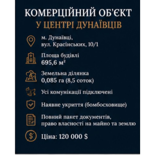 Продається комерційний об'єкт м. Дунаївці у Кам'янець-Подільському районі 